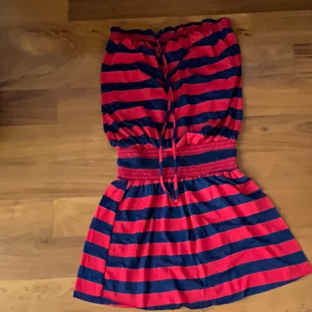 Red and blue stripe tube top strapless mini dress XS
